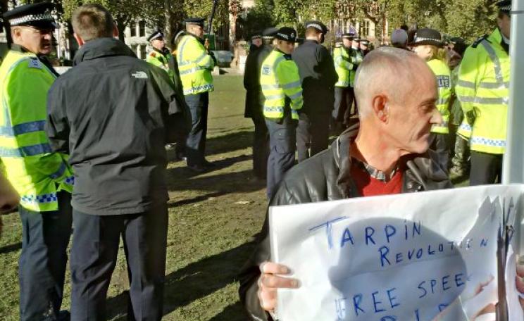 Donnachadh McCarthy shortly before his arrest on Parliament Square at an Occupy Democarcy rally on 22nd October 2014. Photo: from the mobile phone of Donnachadh McCarthy.