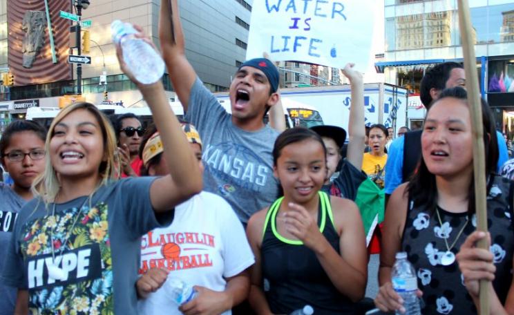 Native youth and supporters protest in New York against Dakota Access Pipeline, 7th August 2016. Photo: Joe Catron via Flickr (CC BY-NC).