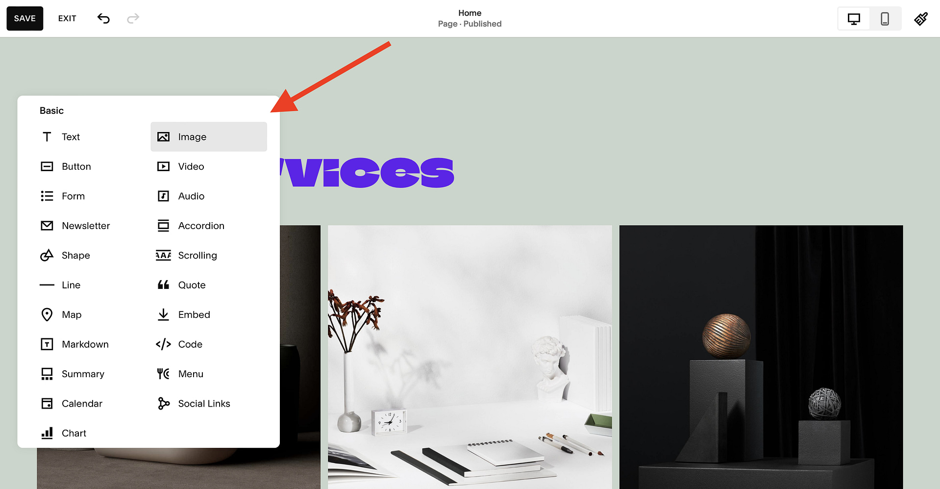 Adding new blocks inside the Squarespace editor.