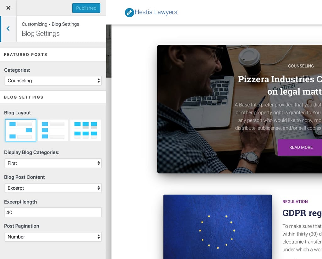 Die erweiterten Hestia Pro Blog-Layout-, Inhalts- und Paginierungskontrollen im WordPress Customizer