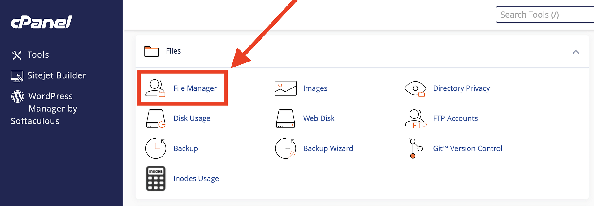 Accessing file manager via cPanel.