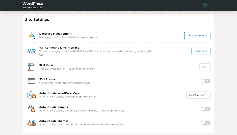 A list of site settings within the Rocket.net control panel.