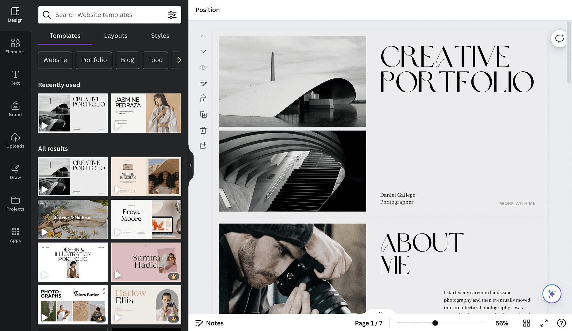 Editing a Canva portfolio website template