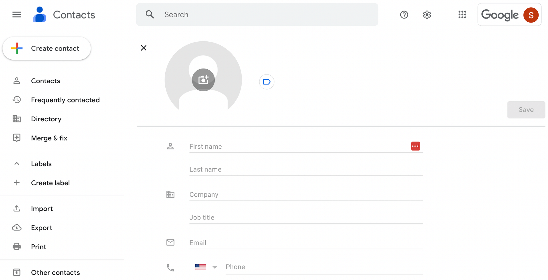 Google contact information page.