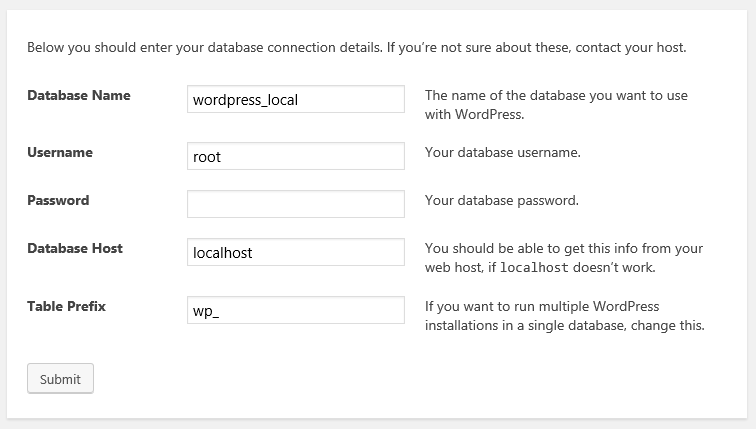 WordPress database connection details.