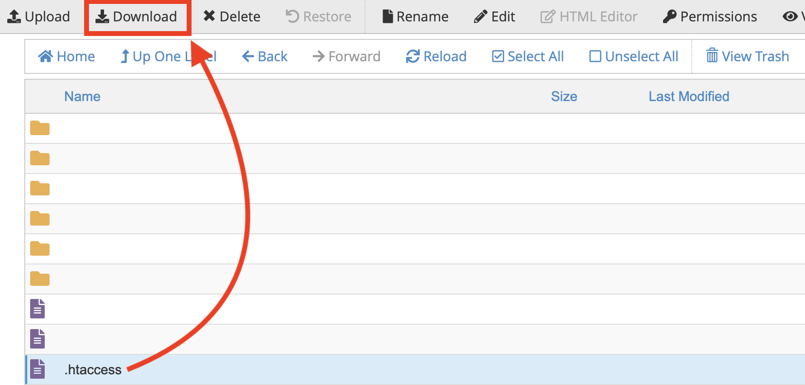 Download .htaccess file prior to making edits.