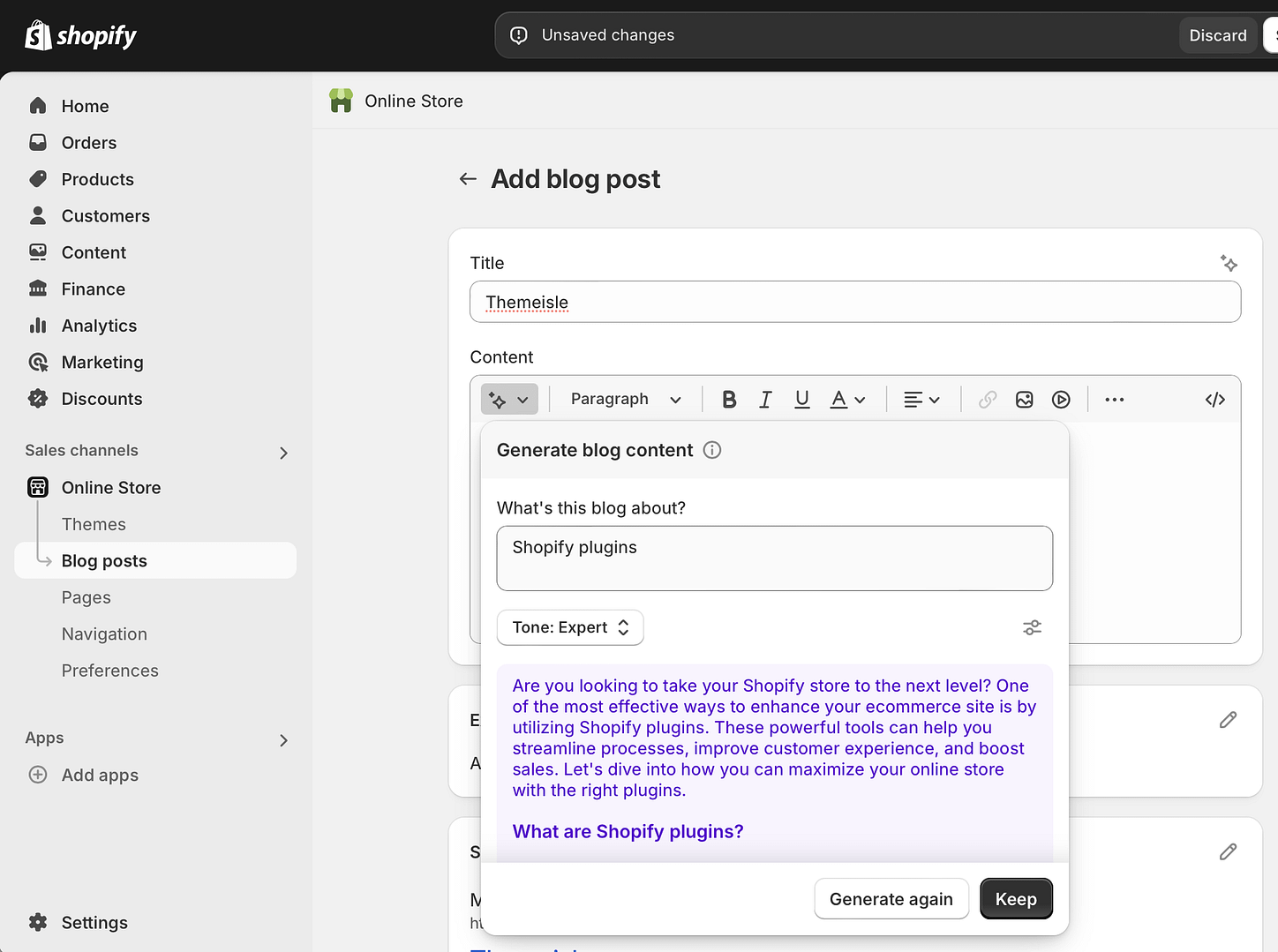 Using Shopify AI to generate blog post text based on a topic.