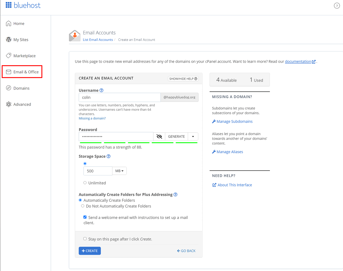 Create email in Bluehost