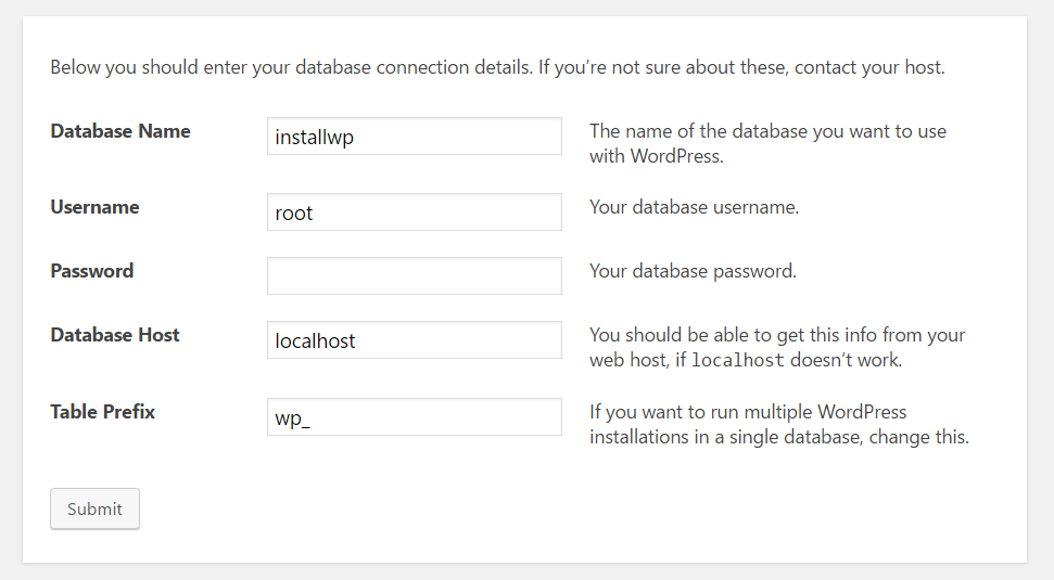 Adding information about database name, user, and password.