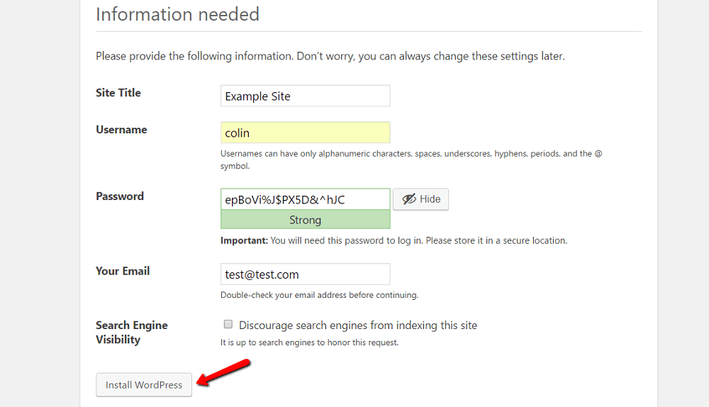 Setting up credentials for wp-admin account.