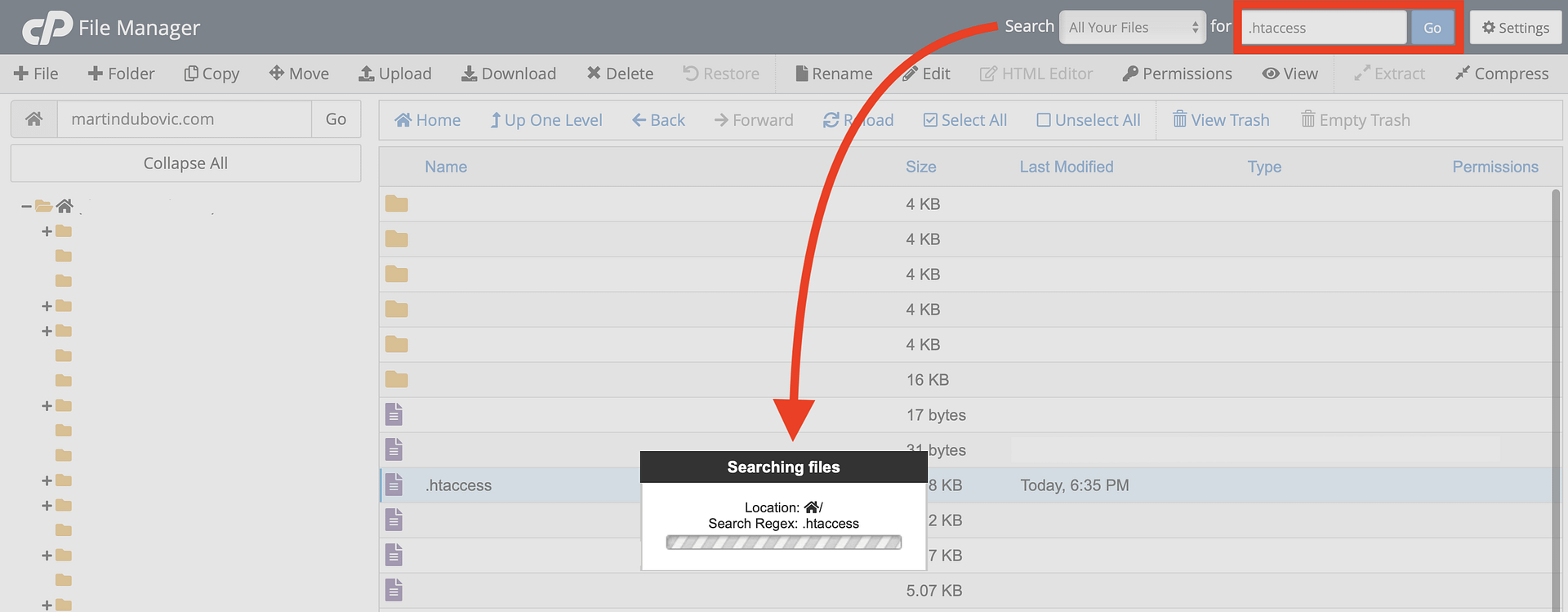 Searching for .htaccess file in the cPanel file manager.