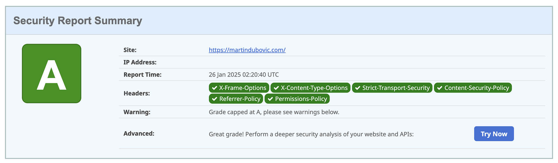 SecurityHeaders.com passed security scan.