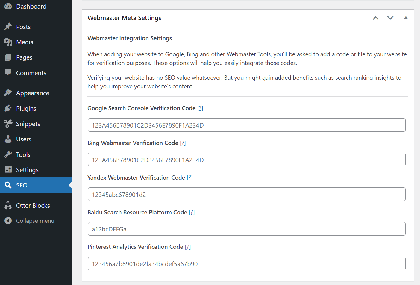 Connecting The SEO Framework with webmaster tools.