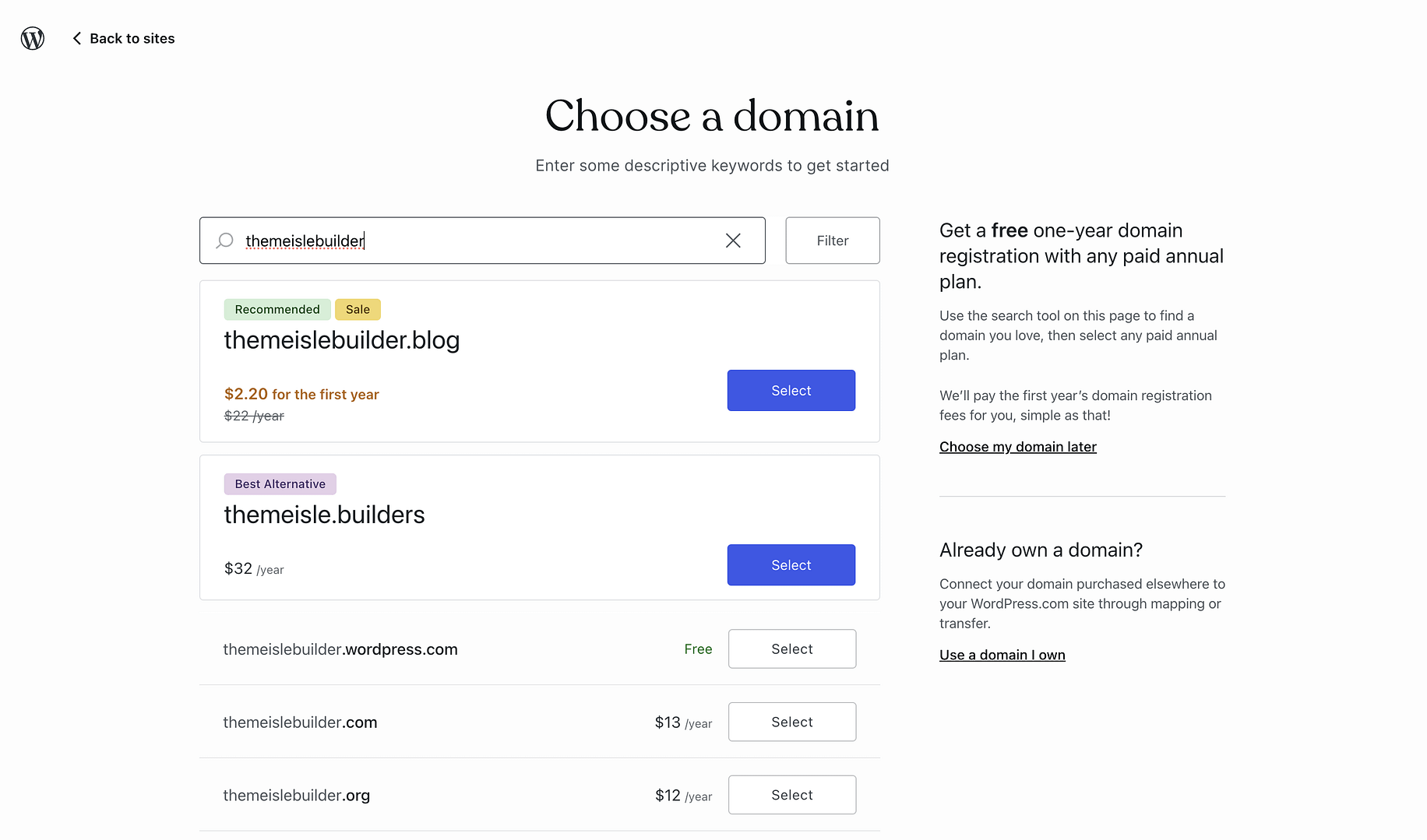 Choosing a domain name on WordPress.com.